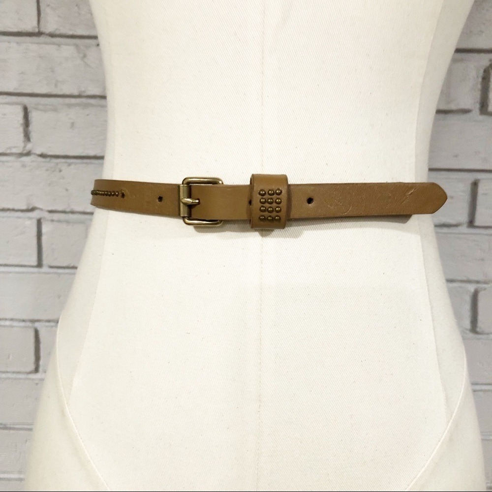 J.Crew Factory Tan Leather Skinny Belt Brass‎ Micro Studded Brown Small 31.5in